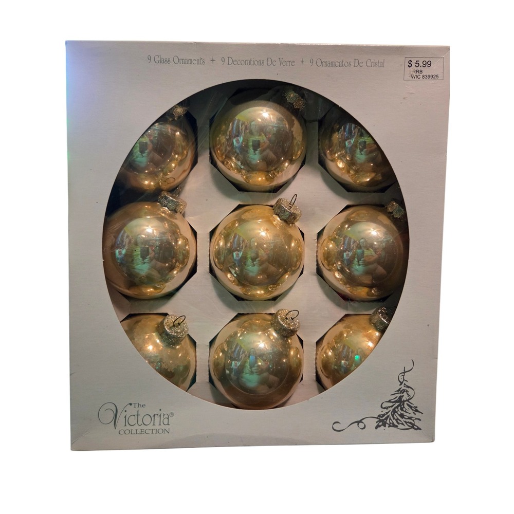 Rauch Victoria Collection Champagne Gold Glass Ball Christmas Ornaments Set of 9
